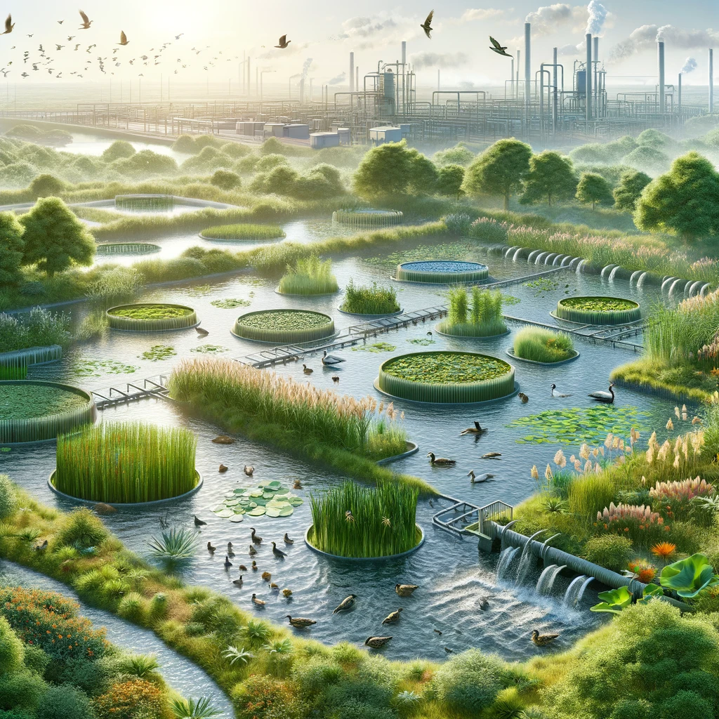 Un render futuristico che illustra un grande depuratore di acque reflue totalmente basato su elementi naturali - immagine The Water Page dot com